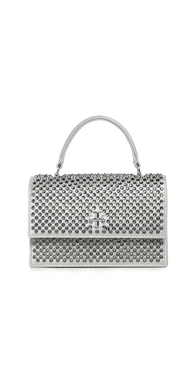 Tory Burch Kira Satin Embellished Mini Top Handle Bag Light Titanium In Silver