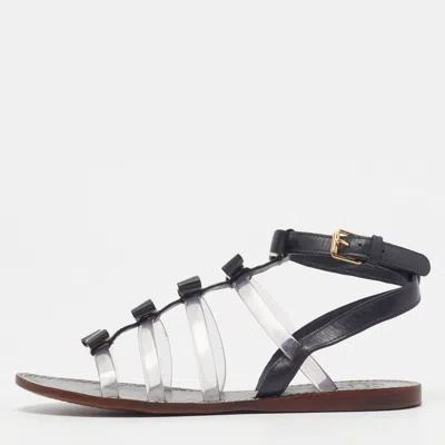 Pre-owned Tory Burch Kira Size 37 Black Leather And Pvc Flat Sandals