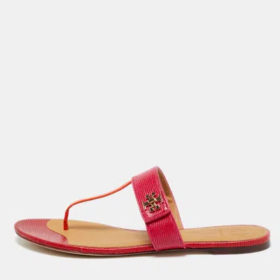 Pre-owned Tory Burch Kira Size 40 Pink/orange Lizard Embossed Leather Thong Flat Sandals