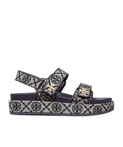 Tory Burch T Monogram Kira Jacquard Fabric Sandals In Blue