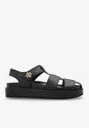 Tory Burch Kira Black Sandals With Logo Plaque In Grained Leather Woman In Black