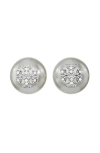 Tory Burch Kira Stacked-t Logo Faux Pearl Stud Earrings In Metallic