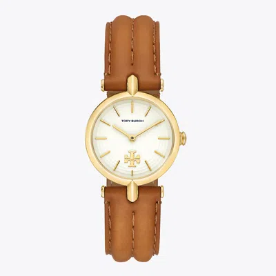 Tory Burch Women's Kira Luggage Leather Strap Watch 30mm In Ivory/gold/luggage