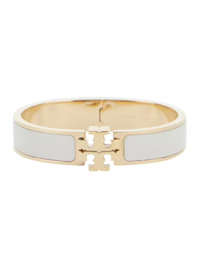 Tory Burch Kira White Bracelet With Logo Plaque Closure In 18k Gold-plleated Brass Blend Woman
