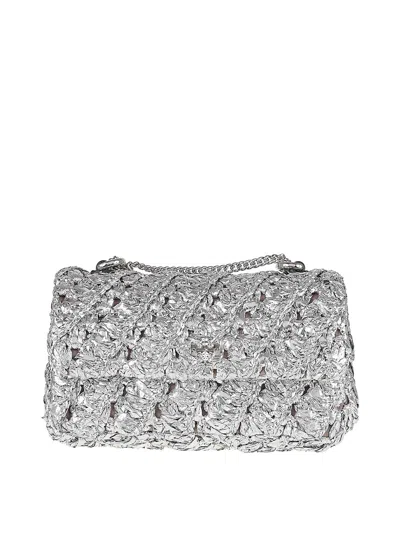 Tory Burch Kira Woven Mini Flap Bag In Silver