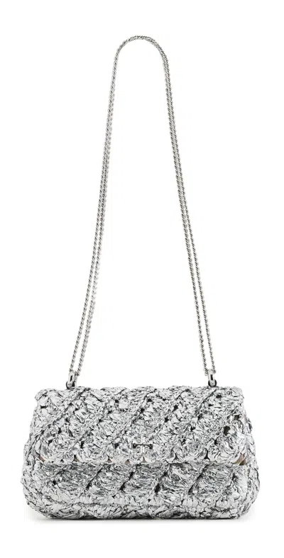 Tory Burch Kira Woven Mini Flap Bag Silver