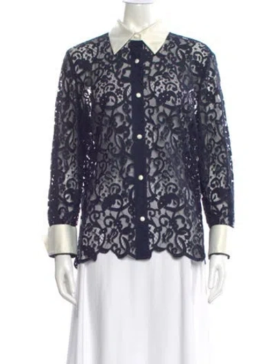 Pre-owned Tory Burch Lace Pattern Long Sleeve Blouse In Blue
