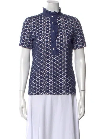 Pre-owned Tory Burch Lace Pattern Short Sleeve Blouse In Blue
