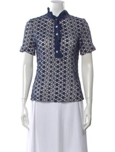 Pre-owned Tory Burch Lace Pattern Short Sleeve Blouse In Blue