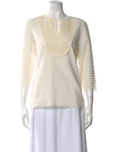Pre-owned Tory Burch Lace Pattern V-neck Blouse W/ Tags In Neutral