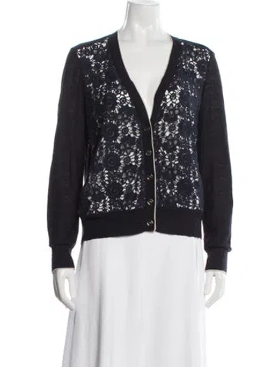 Pre-owned Tory Burch Lace Pattern V-neck Sweater In Blue