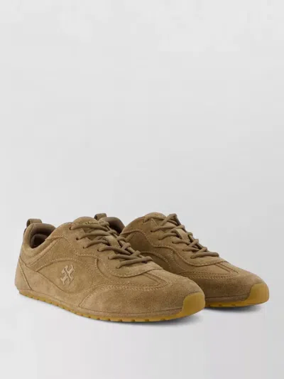 Tory Burch Lace Up Leather Sneakers Rubber Sole In Brown