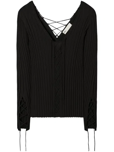 Tory Burch Lace-up Wool Sweater In Black