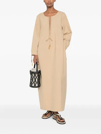 Tory Burch Linen Ankle Length Kaftan Long Sleeves In Nude