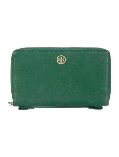 Pre-owned Tory Burch Landon Travel Leather Continental Wallet In Green