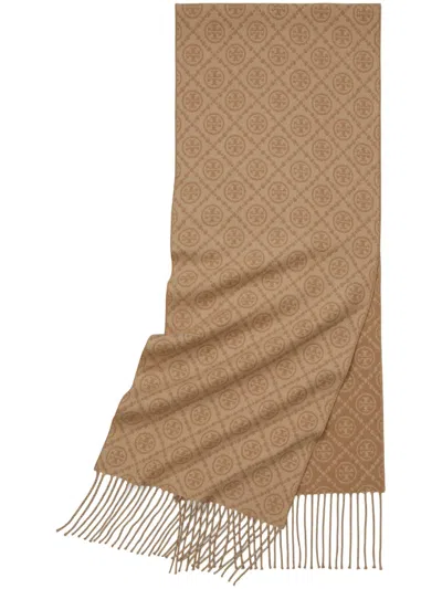 Tory Burch Logo Intarsia-knit Fringe-detailing Scarf In Brown