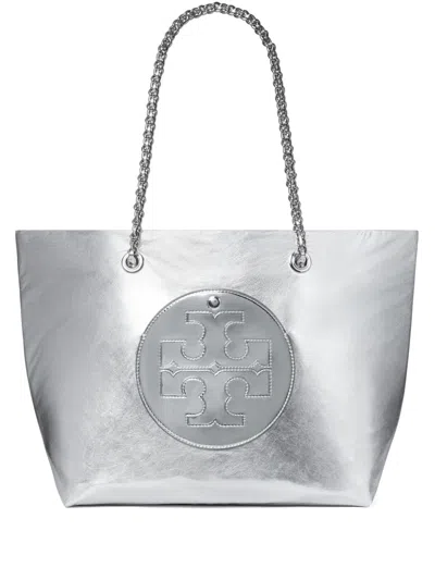 Tory Burch Ella Metallic Faux Leather Tote In Silver