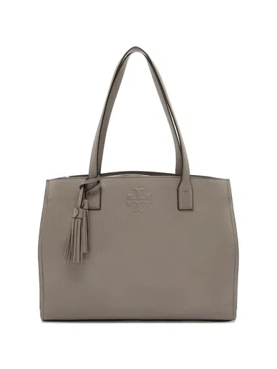 Pre-owned Tory Burch Large Thea Pebbled-leather Tote Bag In Gray