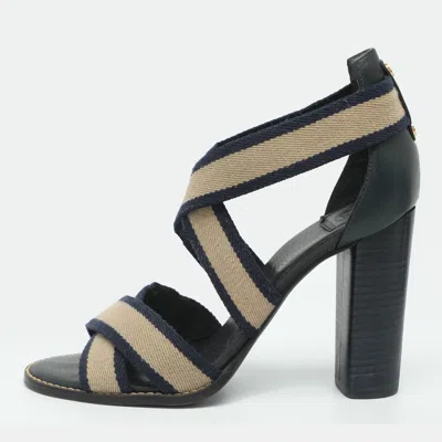 Pre-owned Tory Burch Laurie Size 39.5 Beige/navy Blue Elastane And Leather Sandals