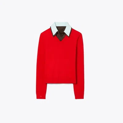 Tory Burch Layered Merino Wool Sweater In Red