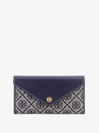 Tory Burch Leather And T Monogram Fabric Wallet In Blue