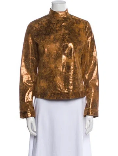 Pre-owned Tory Burch Leather Animal Print Biker Jacket In Brown