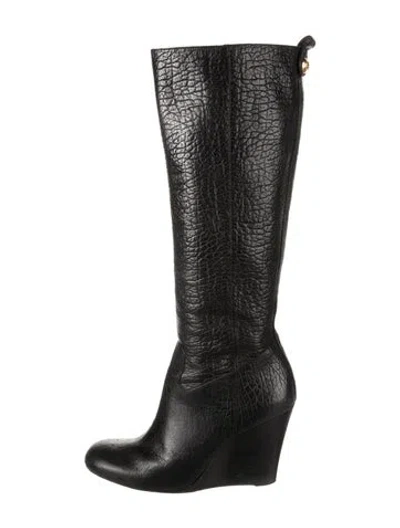 Pre-owned Tory Burch Leather Animal Print Boots In Black