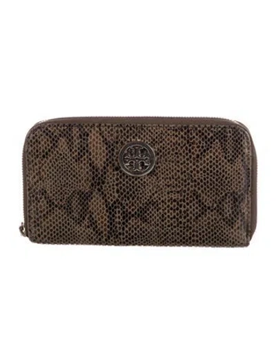 Pre-owned Tory Burch Leather Animal Print Compact Wallet In Brown