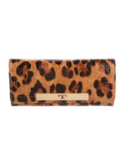 Pre-owned Tory Burch Leather Animal Print Continental Wallet In Neutral
