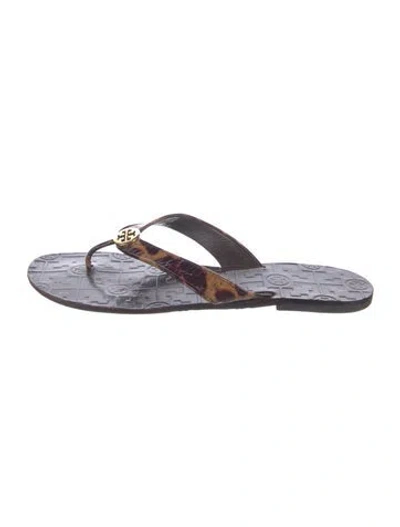 Pre-owned Tory Burch Leather Animal Print Flip Flops In Brown
