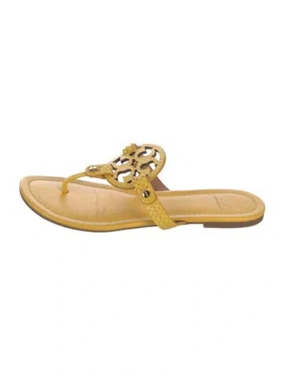 Pre-owned Tory Burch Leather Animal Print Flip Flops In Yellow