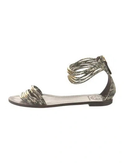 Pre-owned Tory Burch Leather Animal Print Gladiator Sandals In Green