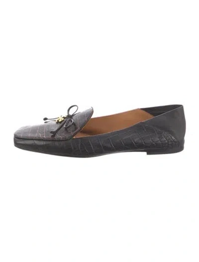 Pre-owned Tory Burch Leather Animal Print Loafers In Black