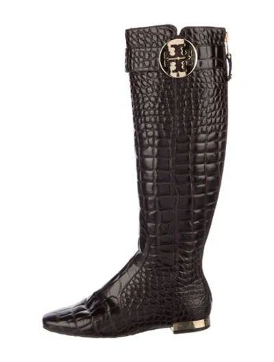 Pre-owned Tory Burch Leather Animal Print Riding Boots In Brown