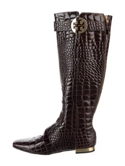 Pre-owned Tory Burch Leather Animal Print Riding Boots In Brown