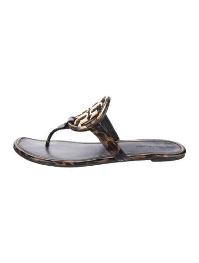 Pre-owned Tory Burch Leather Animal Print Slides In Brown