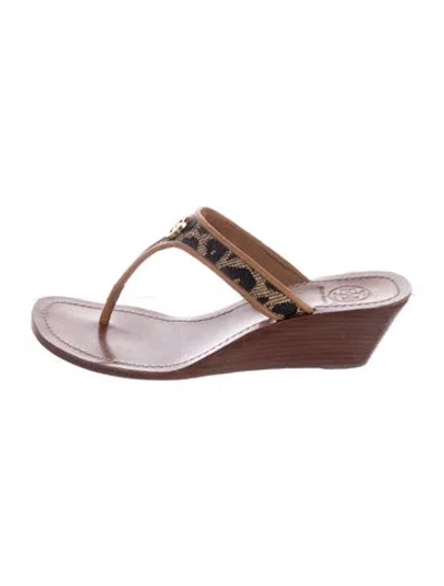 Pre-owned Tory Burch Leather Animal Print T-strap Sandals In Brown