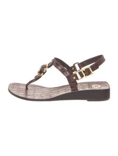 Pre-owned Tory Burch Leather Animal Print T-strap Sandals In Brown