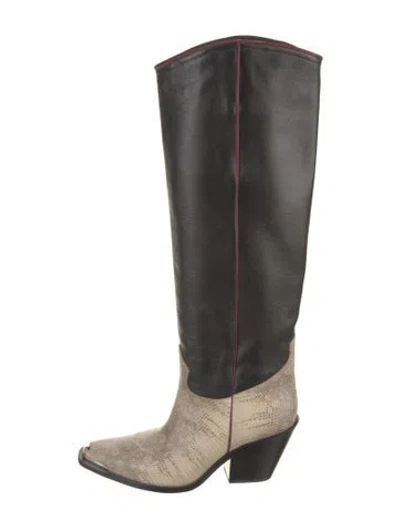 Pre-owned Tory Burch Leather Animal Print Western Boots In Black