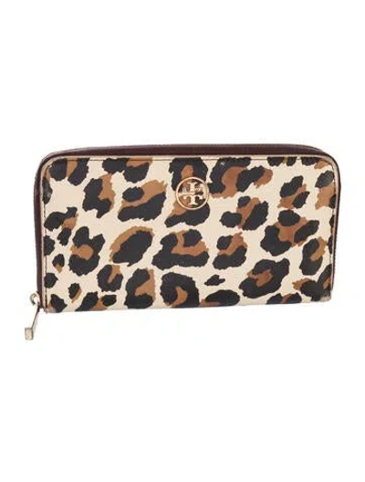 Pre-owned Tory Burch Leather Animal Print Wristlet In Neutral