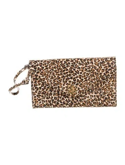 Pre-owned Tory Burch Leather Animal Print Wristlet In Neutral