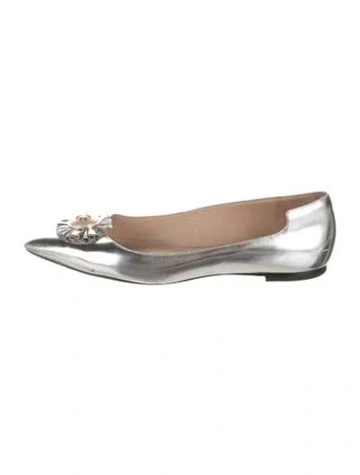 Pre-owned Tory Burch Leather Beaded Accents Ballet Flats In Silver