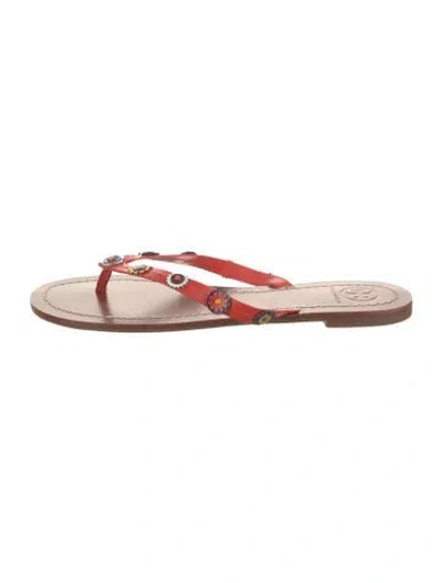 Pre-owned Tory Burch Leather Beaded Accents Flip Flops In Red
