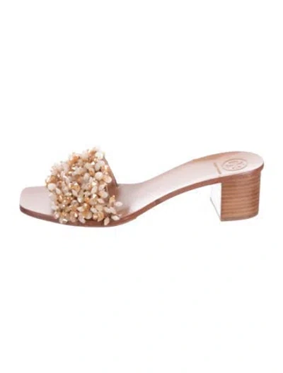 Pre-owned Tory Burch Leather Beaded Accents Slides In Neutral