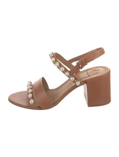 Pre-owned Tory Burch Leather Beaded Accents Slingback Sandals In Brown