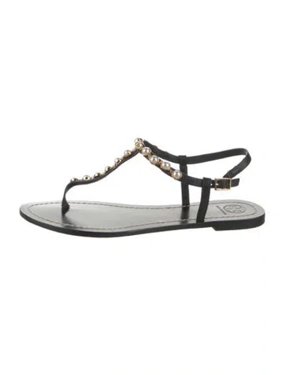 Pre-owned Tory Burch Leather Beaded Accents T-strap Sandals In Black