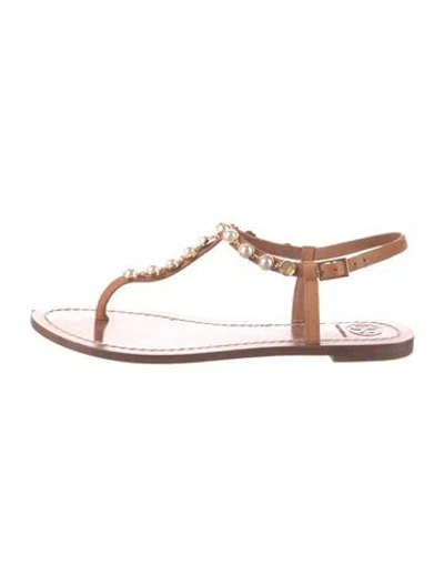 Pre-owned Tory Burch Leather Beaded Accents T-strap Sandals In Neutral