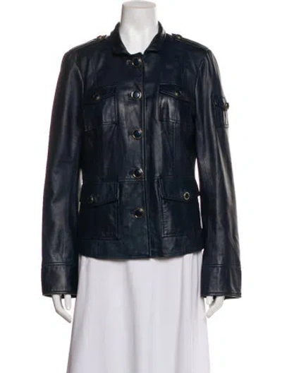 Pre-owned Tory Burch Leather Biker Jacket In Blue