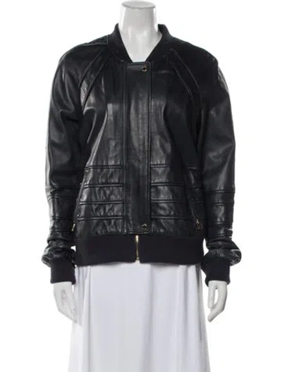 Pre-owned Tory Burch Leather Bomber Jacket In Blue