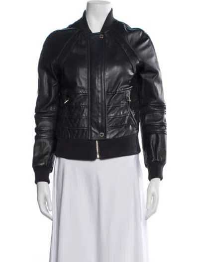 Pre-owned Tory Burch Leather Bomber Jacket In Blue